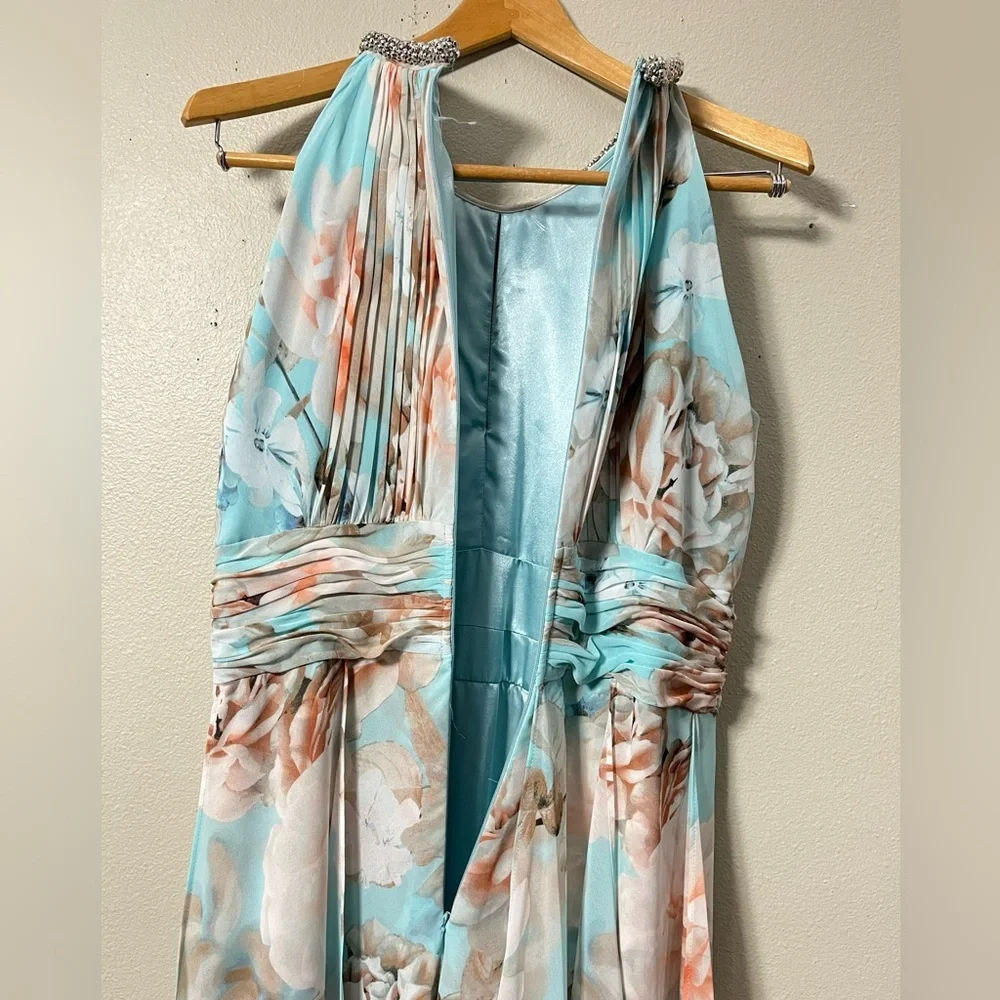 Calvin Klein Floral Maxi Long Flowy Beaded Neck Halter Party Wedding Dress Sz 12 - Picture 9 of 9
